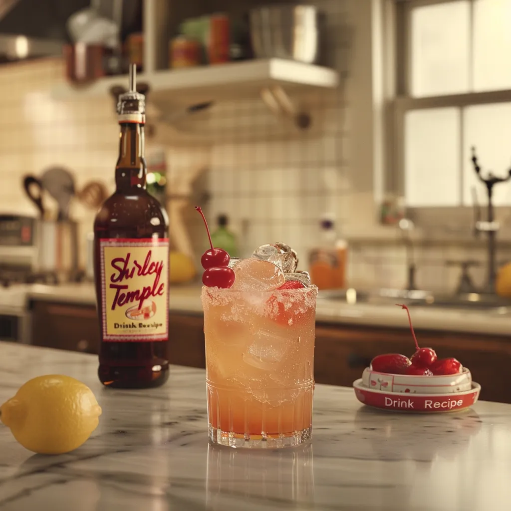 A glass of Shirley Temple sits on a white marble countertop. The drink is topped with cherries and ice, and a lemon sits next to it. The bottle of Shirley Temple mix, featuring a red and white label, sits in the background. A red and white "Drink Recipe" dish is next to the glass. The kitchen is blurred in the background.  The overall mood is playful and refreshing.