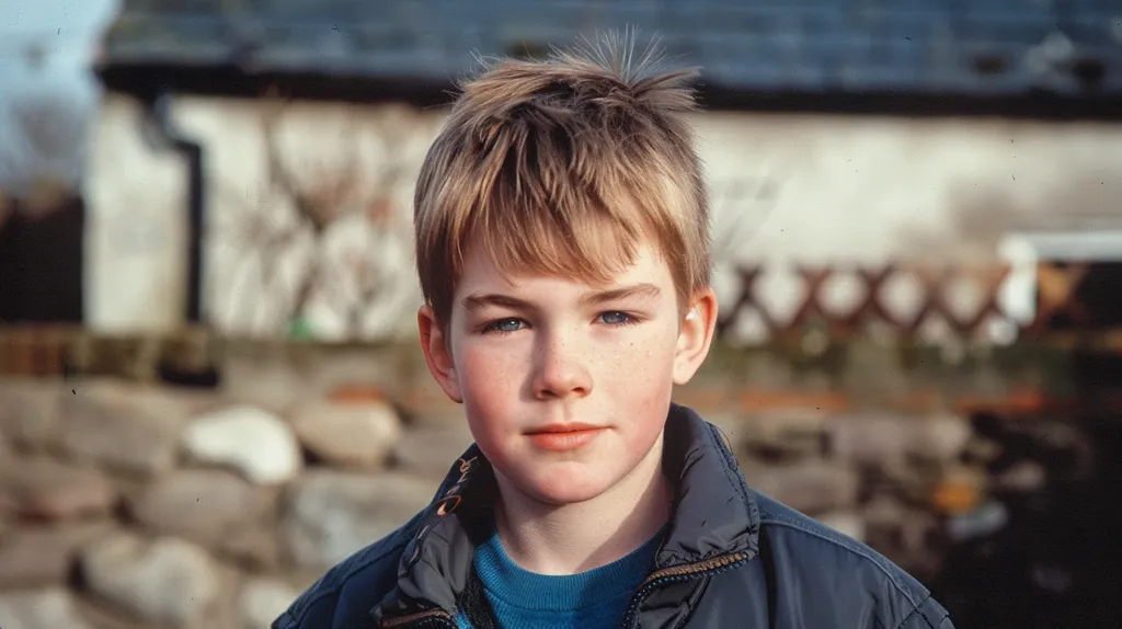 A young boy with light brown hair and blue eyes stares directly at the camera. He is wearing a blue jacket over a blue t-shirt. The background is out of focus, but a building can be seen in the distance.  The boy looks serious and thoughtful.  He appears to be around 10 years old.