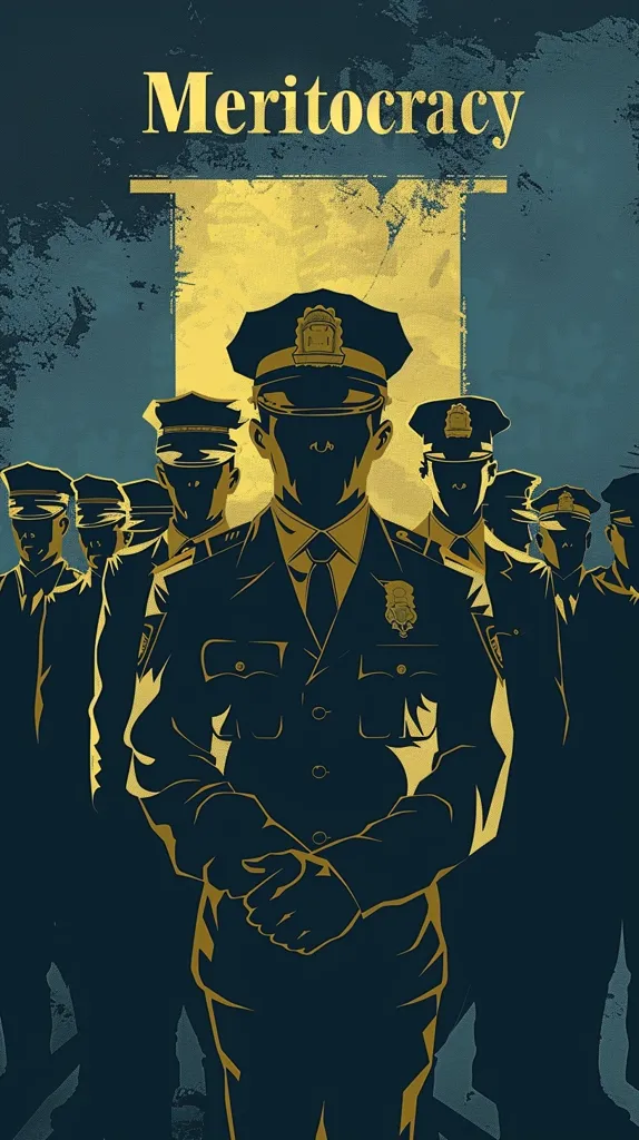 The image depicts a group of police officers, with the central figure standing tall and prominent. The officers are all silhouetted against a dark blue background, with the word "Meritocracy" displayed in gold at the top.  The image suggests a sense of authority, order, and hierarchy within a system where advancement is based on merit. The contrasting colors of gold and dark blue add to the sense of formality and power.