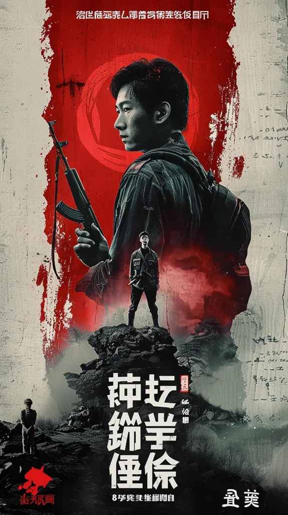 The image is a poster for a Chinese film titled "The Sacrifice." It features a man holding an assault rifle in a dramatic pose. He is standing on a rocky outcrop with a red background. The poster is filled with bold text in Chinese and a logo in the lower left-hand corner. The image creates a sense of intensity and danger.