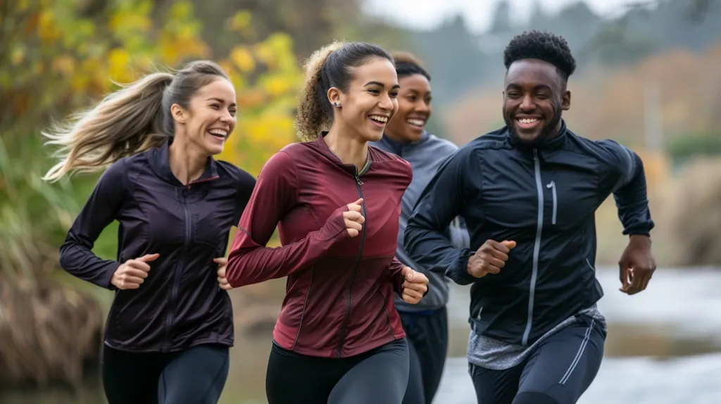 Four people are jogging in a park. The two women are in the foreground, smiling and looking ahead. The man on the right is also smiling and looking ahead, while the woman in the background is looking to her right. They all appear to be in good spirits and enjoying their workout.
