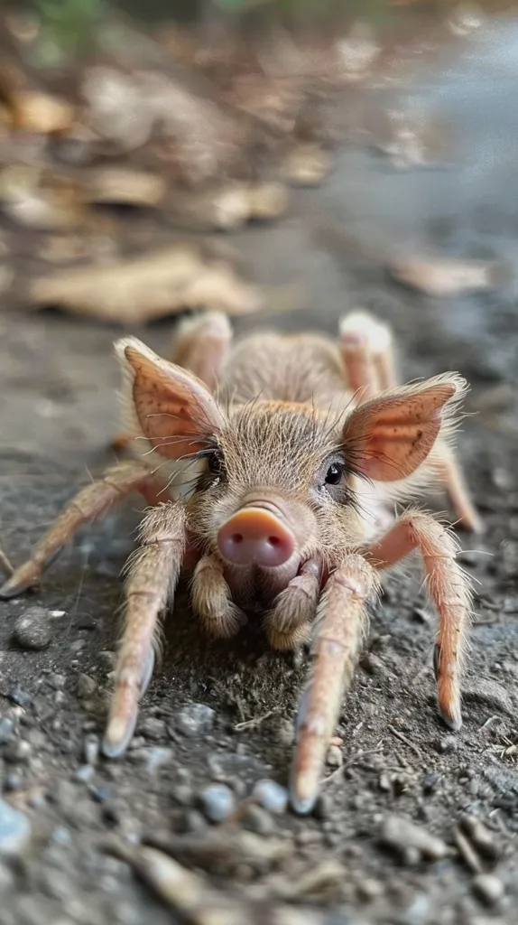 A cute, fuzzy piglet with large ears and a pink snout is lying on its belly on a dirt path. It has long, thin legs that resemble spider legs, creating a humorous and surreal image. The piglet's eyes are visible and it appears to be looking directly at the viewer. The background is out of focus, emphasizing the piglet as the focal point.  The image is likely a digital creation, combining the features of a piglet with spider legs.  The contrast between the piglet's cuteness and the spider-like legs adds to the whimsical nature of the image.