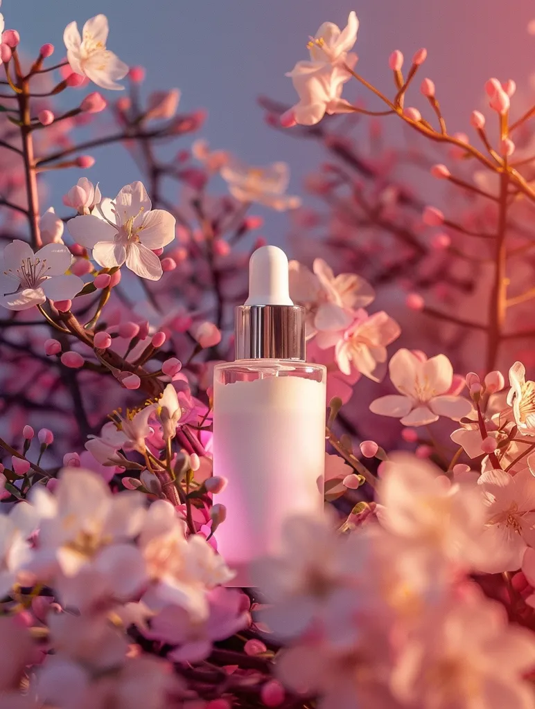 A white dropper bottle of skincare product sits nestled in a bed of delicate pink cherry blossoms.  The blossoms are in full bloom, their petals soft and delicate, creating a beautiful and romantic backdrop.  The light is warm and soft, casting a gentle glow on the scene.  The overall image is serene and calming, suggesting the beauty and purity of nature.