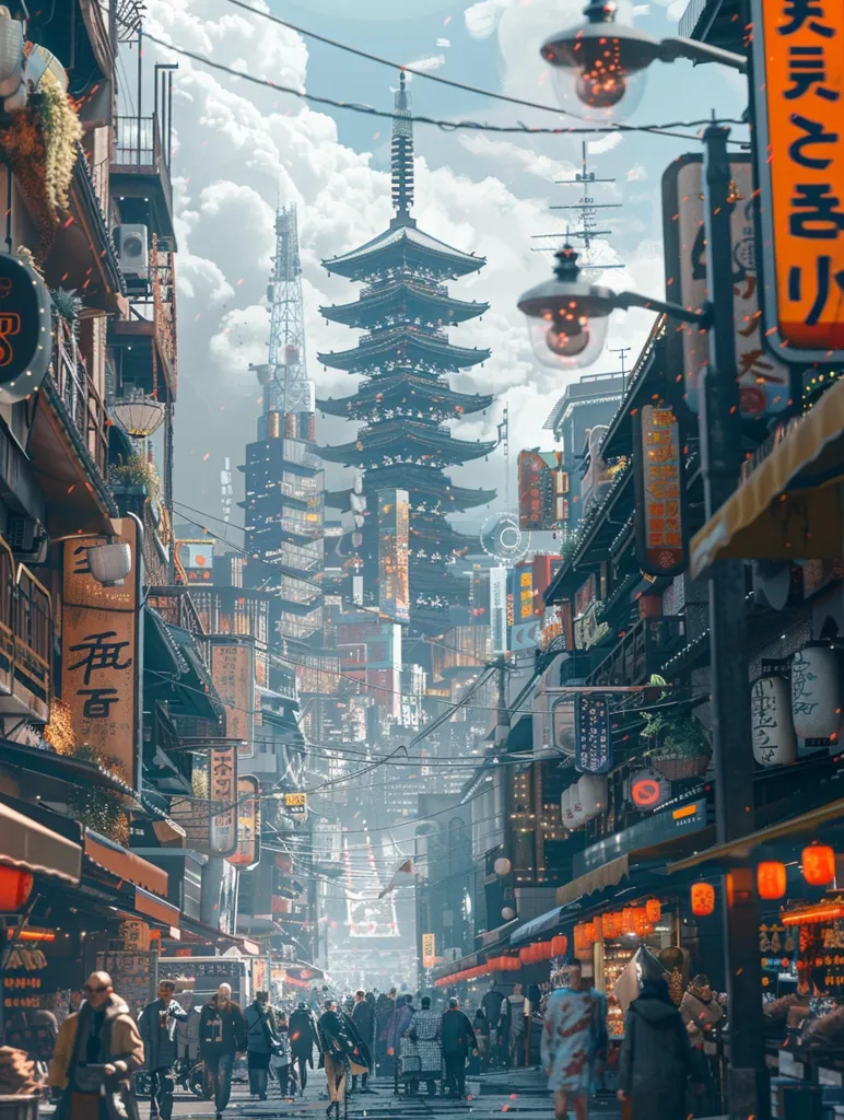 The image depicts a bustling street in a futuristic Japanese city. A towering pagoda dominates the skyline, surrounded by intricate architecture and neon signs. The street is filled with people, shops, and vibrant lanterns, creating a lively and energetic atmosphere. The sky is a hazy blue, with wispy clouds drifting across the horizon. The scene evokes a sense of wonder and mystery, blending traditional elements with modern technology.
