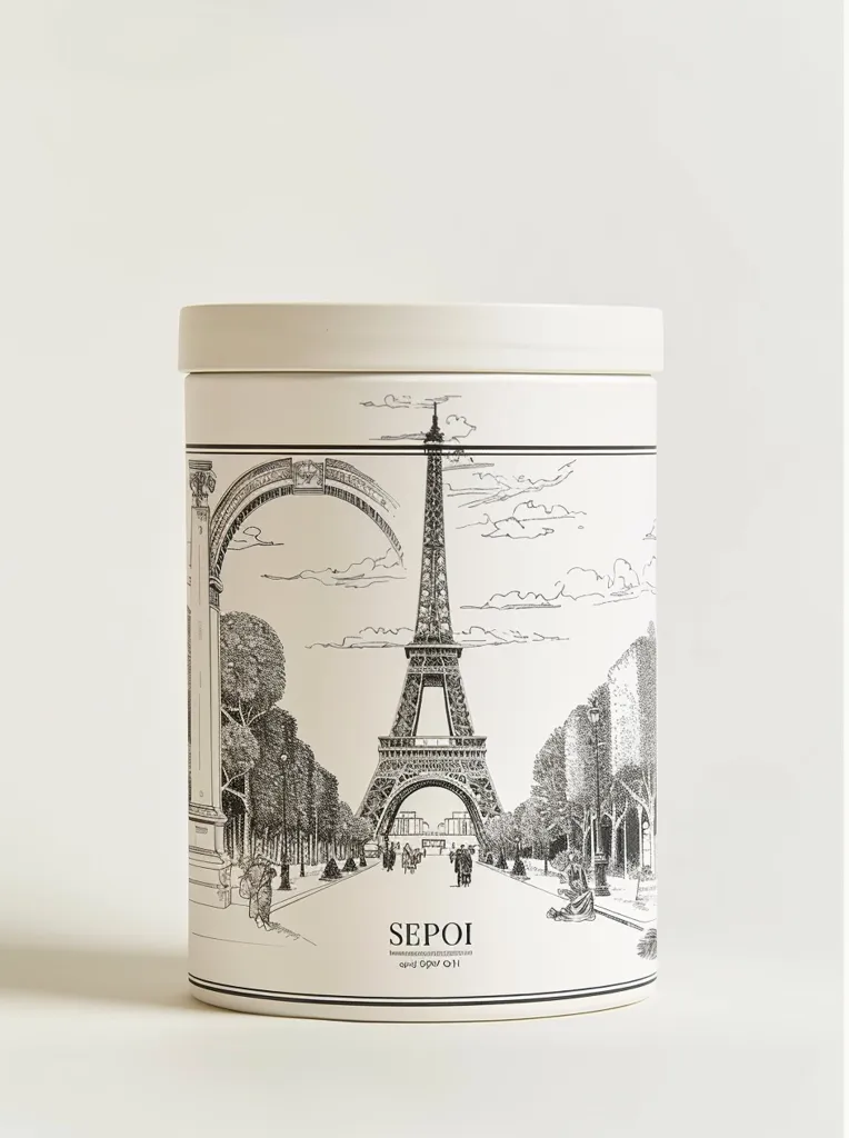 The image is a white cylindrical container with a black and white illustration of the Eiffel Tower, the Arc de Triomphe, and other Parisian landmarks. The container is labeled "SEPOI" and has a simple black and white design. It evokes a sense of classic Parisian charm and elegance.  The container appears to be a candle or a home decor item.