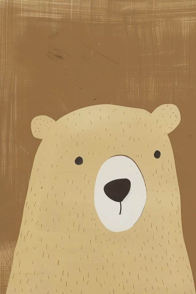 The image shows a simple illustration of a brown bear's face. The bear is looking directly at the viewer with a gentle expression. Its fur is textured with small lines, and its nose is black and round. The background is a warm brown color. The artwork has a childlike and whimsical quality, reminiscent of a children's book illustration.