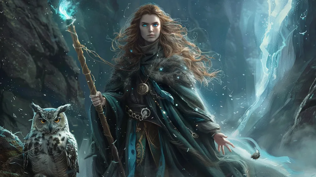 A woman with long red hair and piercing blue eyes stands in a fantastical, icy setting. She is clad in a flowing, dark cloak and holds a staff tipped with a swirling, blue energy.  A large, grey owl perches on a nearby branch, watching her with keen eyes. The scene is filled with a sense of magic and mystery.  The woman's expression is stoic, her gaze fixed on something unseen.