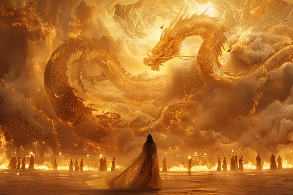 A majestic golden dragon soars through a fiery sky, its scales shimmering with light. Below, a group of figures stand in awe, their backs turned to the dragon. A single figure, draped in white, faces the dragon, standing alone in the vastness.  The scene is filled with an ethereal glow, suggesting a moment of both power and wonder.  The dragon, seemingly a celestial being, dominates the scene, while the figures represent humanity in the face of something awe-inspiring.