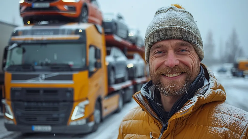 A man with a grey beanie and a yellow winter jacket smiles warmly at the camera. His beard is dusted with snow. He stands in front of a yellow semi-trailer truck loaded with cars. The truck is parked in a snowy environment. The man's happy expression suggests a sense of accomplishment or satisfaction.