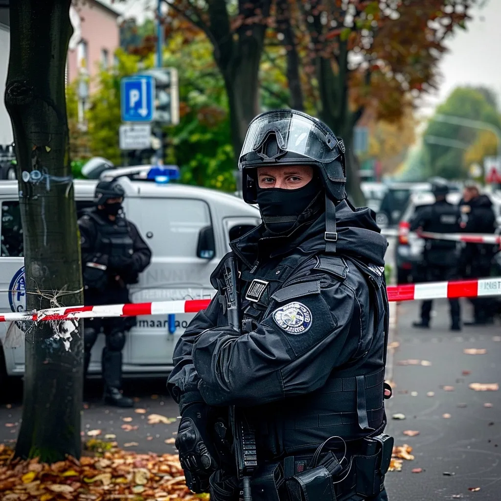 A police officer in full tactical gear stands in the middle of a street, holding a rifle. The officer is wearing a black helmet, black balaclava, and black tactical vest. Behind the officer is a white van with a red and white police barrier, and another officer is standing in the background. The street is covered in fallen leaves. The officer's face is partially obscured by the balaclava, but their eyes are visible and they appear to be focused on something in the distance.  The image gives a sense of seriousness and preparedness.