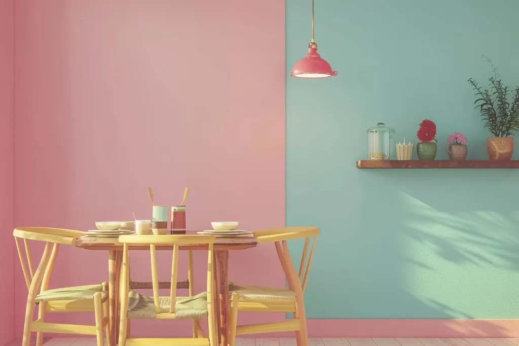 A minimalist dining room with a pink and blue wall. A wooden table with yellow chairs is set for two, with plates, spoons, and glasses. A red pendant light hangs above the table. There is a shelf on the blue wall, with a potted plant and other decor. The room has a light and airy feel.