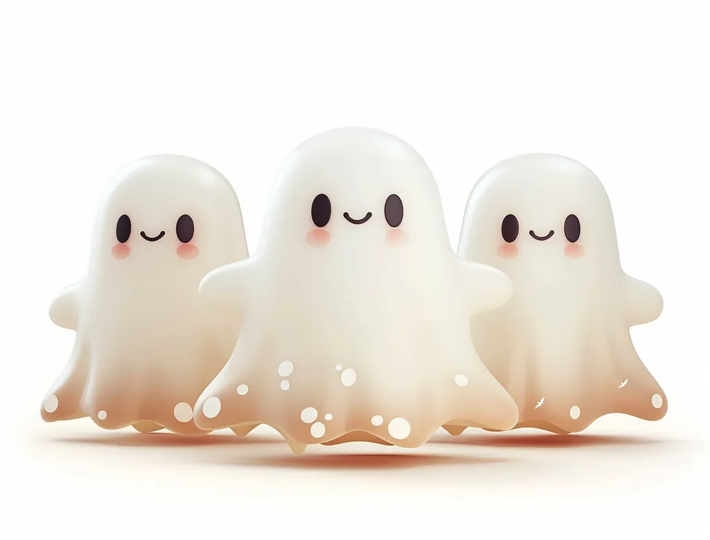 Three cute, cartoon ghosts with smiling faces are floating in a row. They are white with a faint orange hue and have small, black eyes. The middle ghost is the largest and has brown spots. The background is a plain white.  The image is rendered in a 3D style.