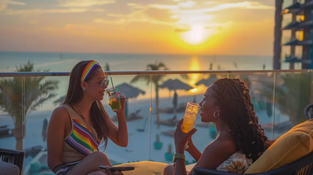 Two women are sitting on a balcony overlooking the ocean and beach at sunset, enjoying drinks.  The woman on the left wears a rainbow-striped tank top and sunglasses and holds a cocktail. The woman on the right has long black braids and holds a glass of wine.  They smile at each other and the setting sun.  The scene is vibrant and relaxing, capturing a moment of joy and connection.