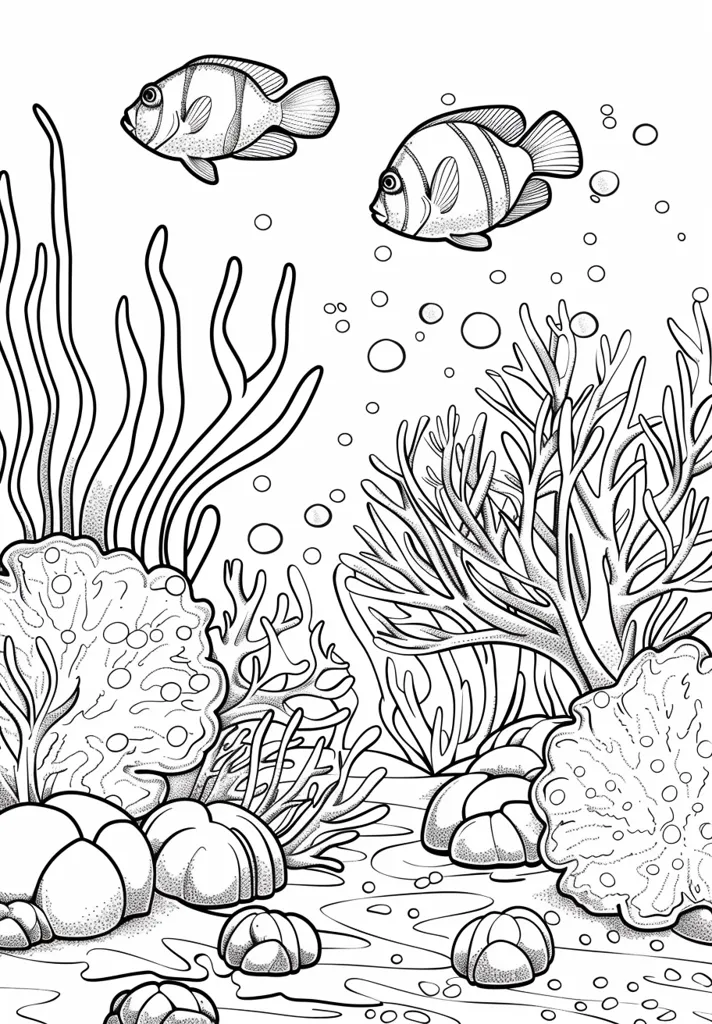 The image is a black and white illustration of an underwater scene. Two striped fish swim above a coral reef, with bubbles floating around them. The reef is made up of different types of coral, including branching, leafy, and rounded forms. There are also several rocks and pebbles scattered on the seafloor. The image is detailed and intricate, with a lot of texture and shading. It would be suitable for coloring in or as a decorative element in a nautical-themed room.