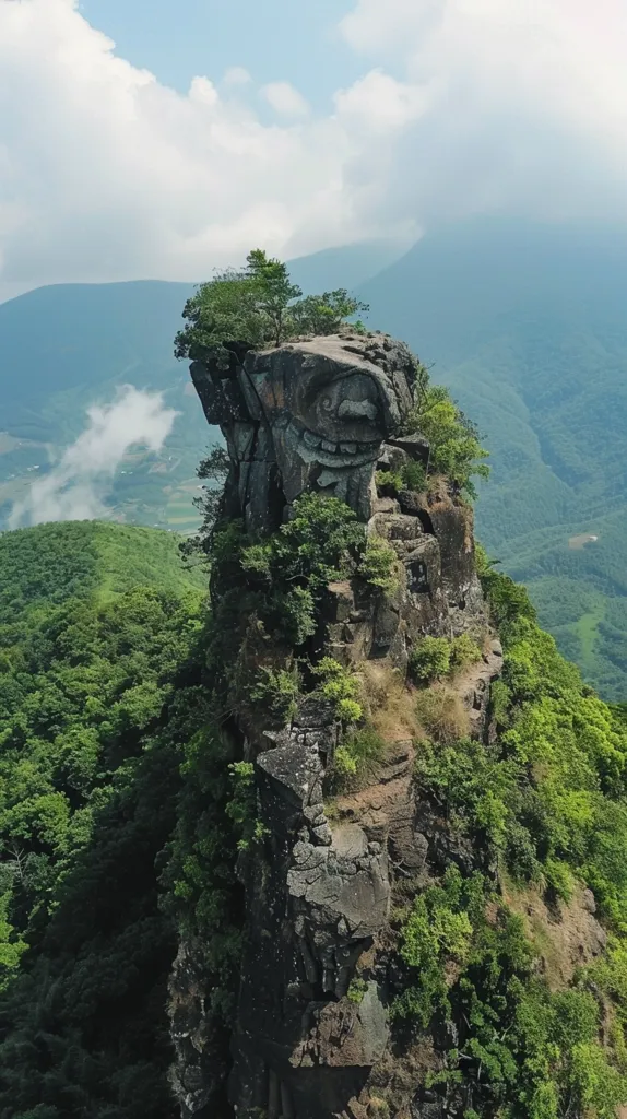 A towering rock formation, resembling a face, stands majestically against a backdrop of rolling green hills and a hazy sky. The rock is covered in vegetation, adding to its natural beauty. The surrounding landscape is a mix of forests and open fields, creating a picturesque scene. The image evokes a sense of wonder and the power of nature.
