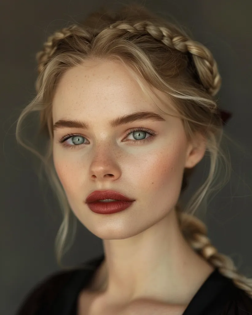 A young woman with fair skin and blonde hair, styled in a braid around her head. She has a soft, natural makeup look with a subtle blush and a brown lipstick. Her light green eyes are focused on the camera. She is wearing a black top, and the background is a muted gray.  She looks both delicate and strong.