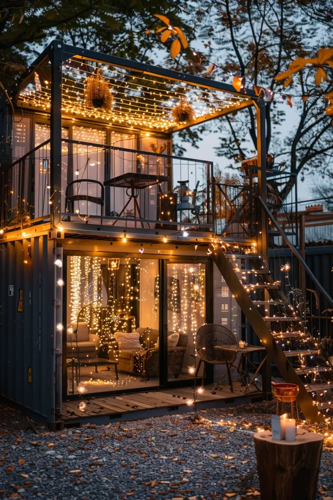The image shows a cozy two-story cabin, built from shipping containers, bathed in the warm glow of string lights. The cabin has a balcony with a small table and chairs, and a set of stairs leading to the upper floor. The interior is visible through the glass doors, showcasing a comfortable living space with furniture and twinkling lights. The exterior is surrounded by fall leaves and a wooden stump with candles, creating a picturesque scene.