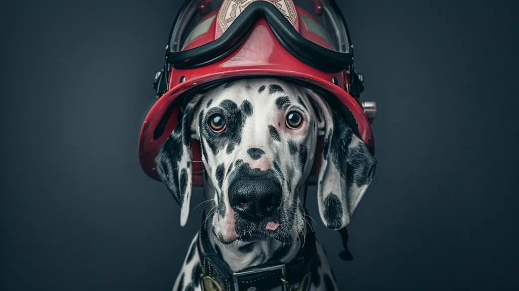 A Dalmatian dog wears a red firefighter helmet with a black visor. The dog's black spots stand out against its white fur. It looks directly at the camera with a serious expression, giving the impression of a brave and capable firefighter. The background is a plain, dark blue, focusing attention on the dog's unique appearance.