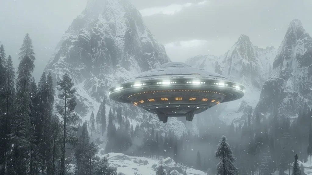 A silver UFO hovers over a snowy mountain range. The spacecraft is illuminated with glowing lights along its underside. The mountains are covered in snow and mist, creating a mysterious and ethereal atmosphere.  A forest of tall evergreens lines the foothills, adding to the sense of wonder.  The scene evokes a feeling of both awe and apprehension.