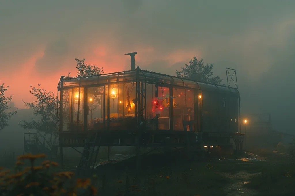 A small, dimly lit cabin sits in a foggy forest. The cabin has large windows and a metal frame, with a ladder leading to the entrance. The sky is a soft orange, and the forest is shrouded in fog. The cabin is lit by warm, inviting lights inside. The scene is atmospheric and mysterious.