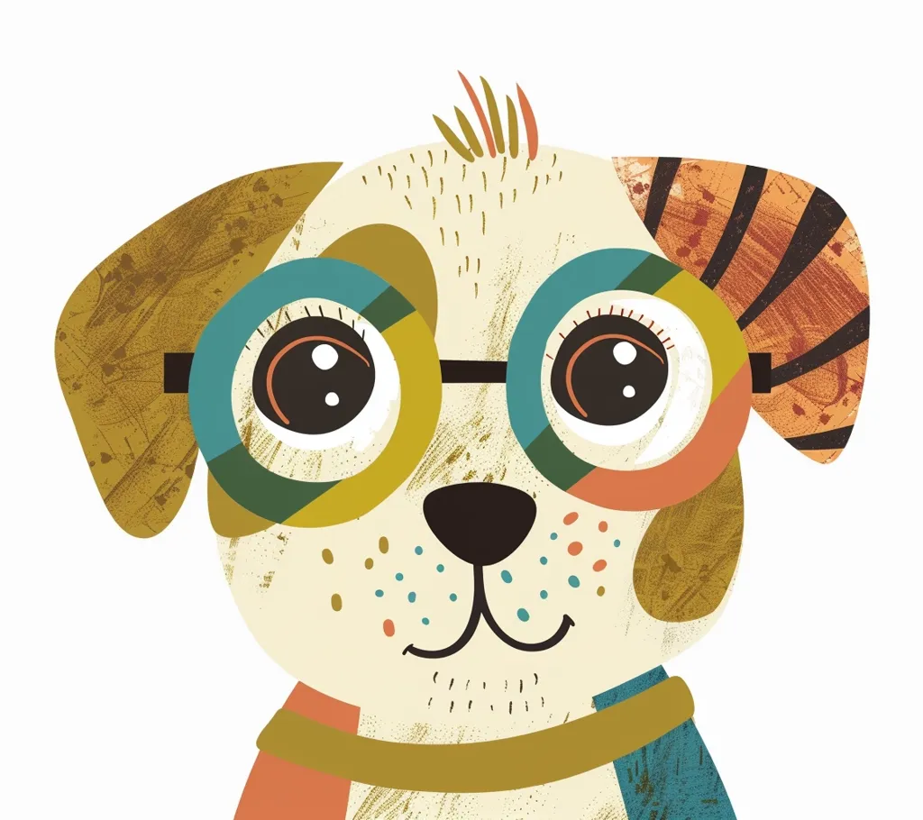 A cartoon dog with big, round eyes wearing colorful glasses, with a tan and brown fur pattern. Its ears are brown and orange striped, and it has a big, black nose and a friendly smile. The dog is depicted in a simple, stylized manner with a textured effect.