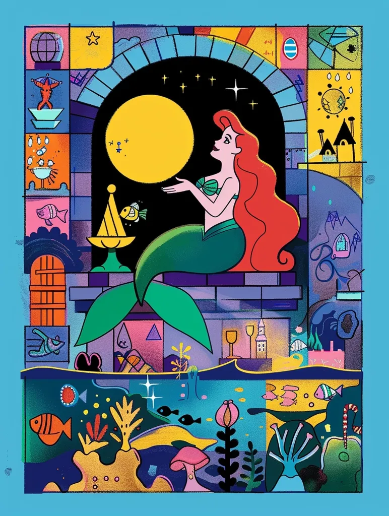 The image depicts a colorful, whimsical scene featuring Ariel, the mermaid from Disney's "The Little Mermaid." She sits in a window overlooking a starry night with a full moon.  Below her, a vibrant underwater world unfolds with coral, fish, and a mushroom. The artwork is stylized and geometric, with a playful, almost childlike aesthetic.