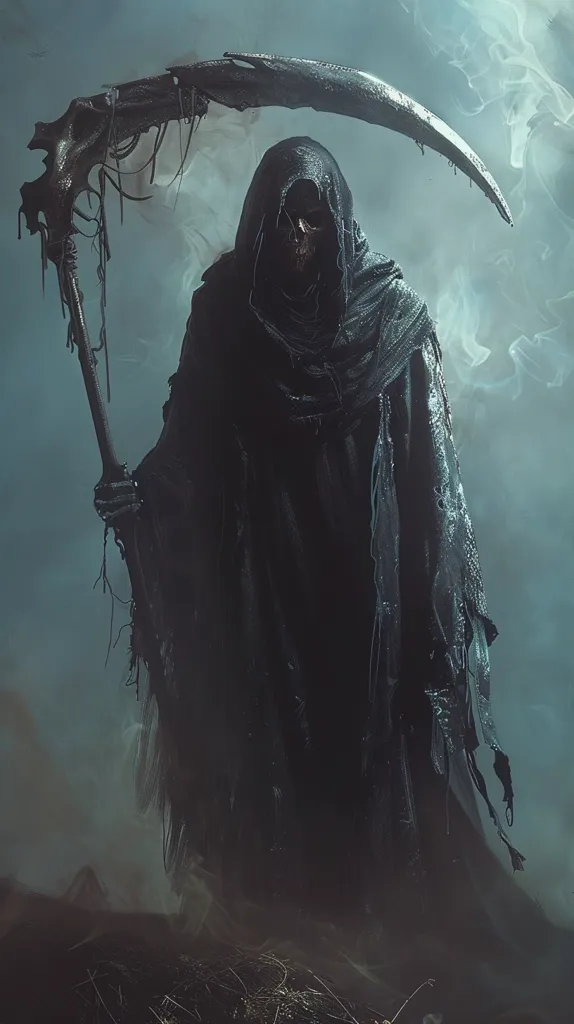 The image depicts a shadowy figure cloaked in black, holding a large, curved scythe. The figure's face is obscured by a hood, only the faint outline of a skull-like mask visible. The background is shrouded in mist, adding to the eerie and mysterious atmosphere. The overall image evokes a sense of dread and the inevitability of death.