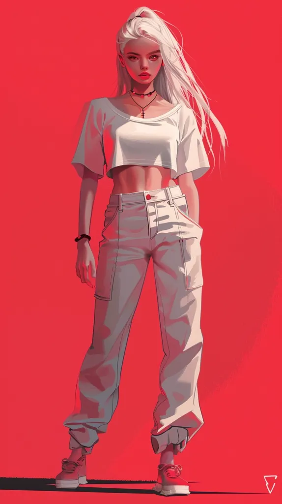 A young woman with long, flowing white hair stands against a bright red background. She wears a white crop top and white pants, and her expression is serious. Her pose is casual, with one hand on her hip and the other hanging loosely at her side. She is wearing red sneakers. The image is rendered in a stylized, anime-like style.