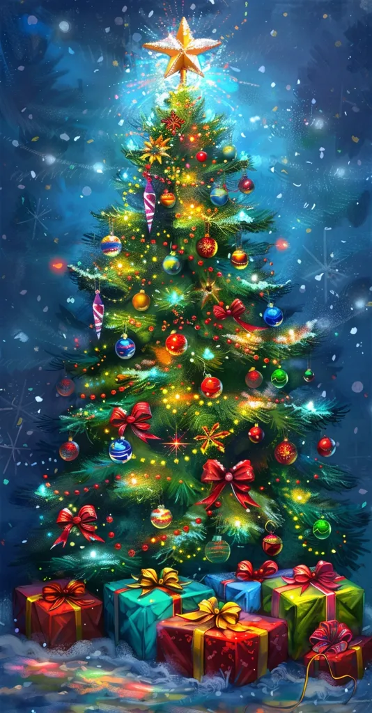 A beautifully decorated Christmas tree stands tall, adorned with twinkling lights, colorful ornaments, and a golden star atop. Its branches are laden with festive decorations, creating a magical atmosphere. The tree is surrounded by wrapped gifts, their vibrant colors adding to the holiday cheer. The blue background, sprinkled with snowflakes, completes the picture of a perfect winter wonderland.