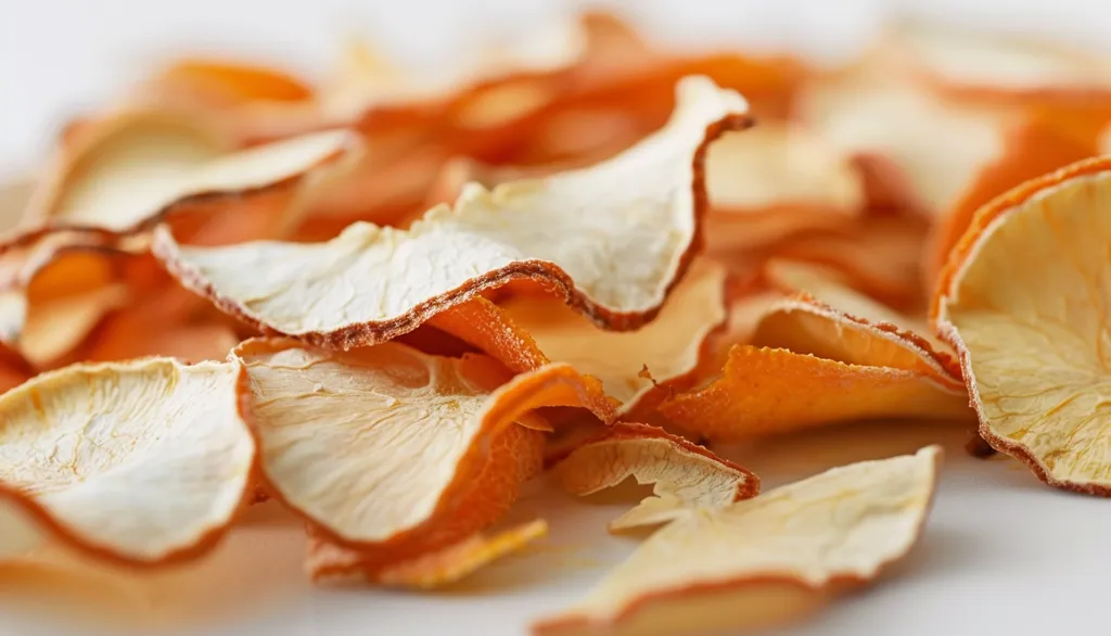 The image shows a close-up of dried orange peels, arranged in a random pattern. The peels are a vibrant orange color, with some of them having a lighter, almost white, center. They are slightly translucent and have a wrinkled texture. They appear crispy and delicious.  The background is a soft white, making the orange peels pop.