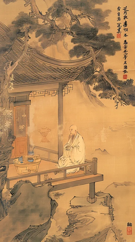A serene painting depicts a bald, bearded man seated on a veranda, calmly observing the view. He is surrounded by a peaceful scene, with a pine tree reaching out from the top of the image, a traditional Japanese-style house with tiled roof, and a mountain in the distance. The man's serene posture suggests a deep state of contemplation.  The delicate brushstrokes and soft colors create a sense of tranquility, highlighting the harmony between nature and the human spirit.