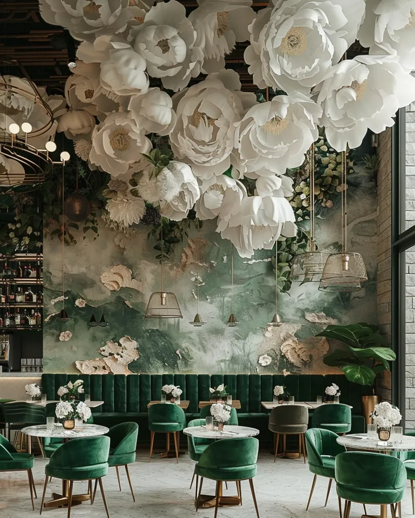 A modern restaurant interior with a green and white color scheme. The ceiling is adorned with large white paper flowers, while the walls feature a green watercolor-like mural. Green velvet booths and chairs surround marble-topped tables, creating a sophisticated and inviting ambiance.  The lighting is warm and inviting, with hanging light fixtures adding to the chic aesthetic.  Fresh floral arrangements complete the elegant design.