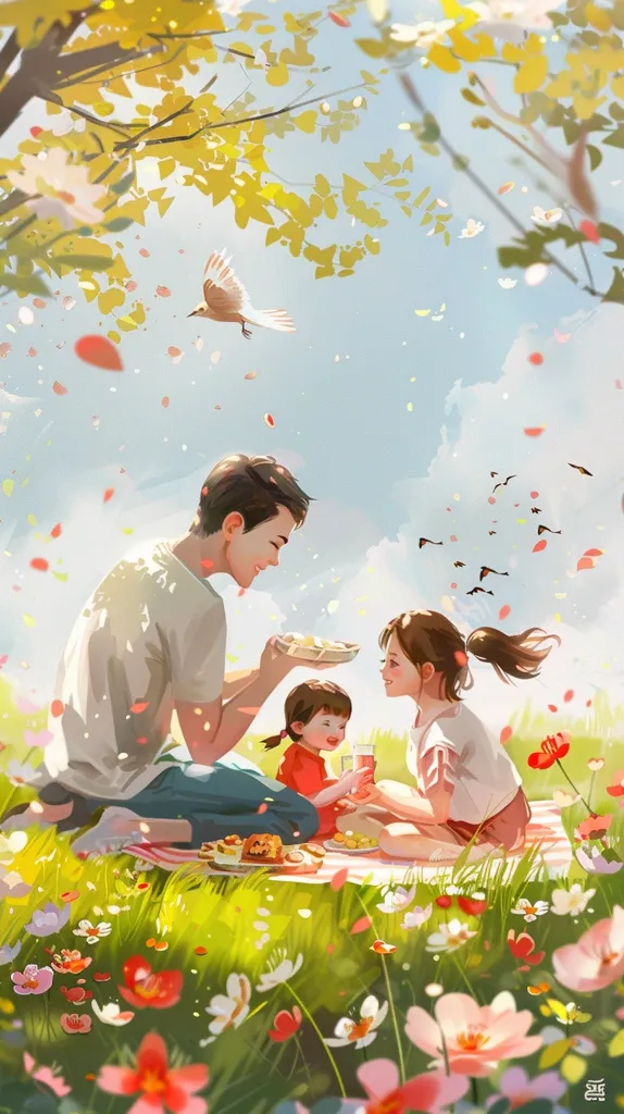 A father and his two daughters are enjoying a picnic in a field of flowers. The father is smiling and feeding one of his daughters, while the other daughter holds a glass of juice. The scene is bright and cheerful, with a beautiful blue sky and a few birds flying overhead. The image conveys a sense of warmth, love, and family togetherness.  The background features a large tree with yellow leaves. The scene is full of light and warmth.