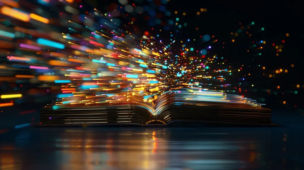 A dark background with a book open and glowing with brightly colored light streaks and sparkles.  The streaks of light emerge from the pages of the book like a magical explosion of knowledge.  The book is on a dark surface, and the reflection of the lights creates a shimmering effect.