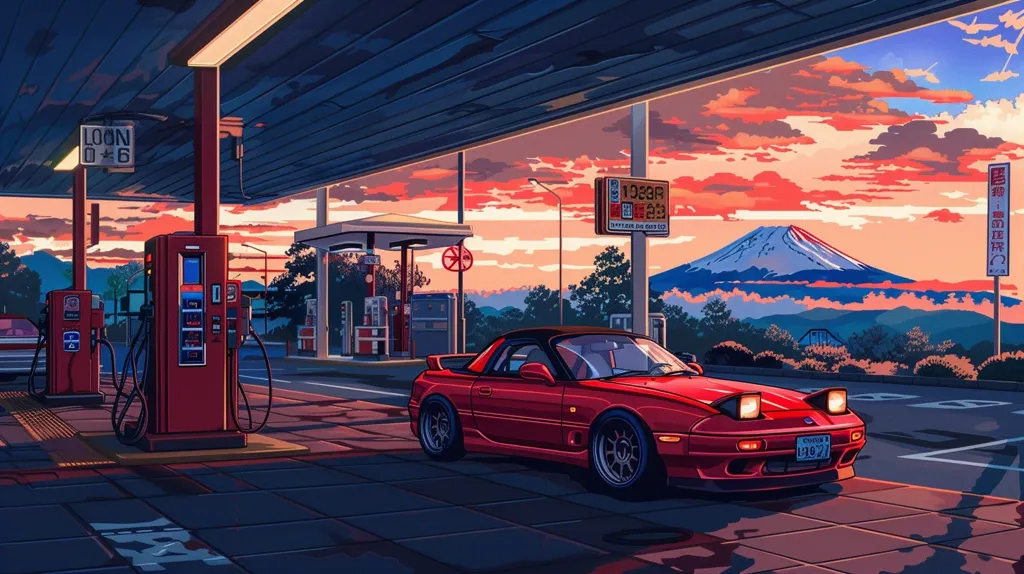 A red sports car is parked at a gas station under a canopy. The setting sun casts an orange glow on the mountains in the distance. The scene is a classic depiction of Japanese aesthetics, with clean lines and a focus on natural beauty. The gas station is old-fashioned with red pumps and a sign that says "LOON 0-6". The car is a sleek, low-slung model with a black top and large headlights. The image captures a sense of peace and tranquility.