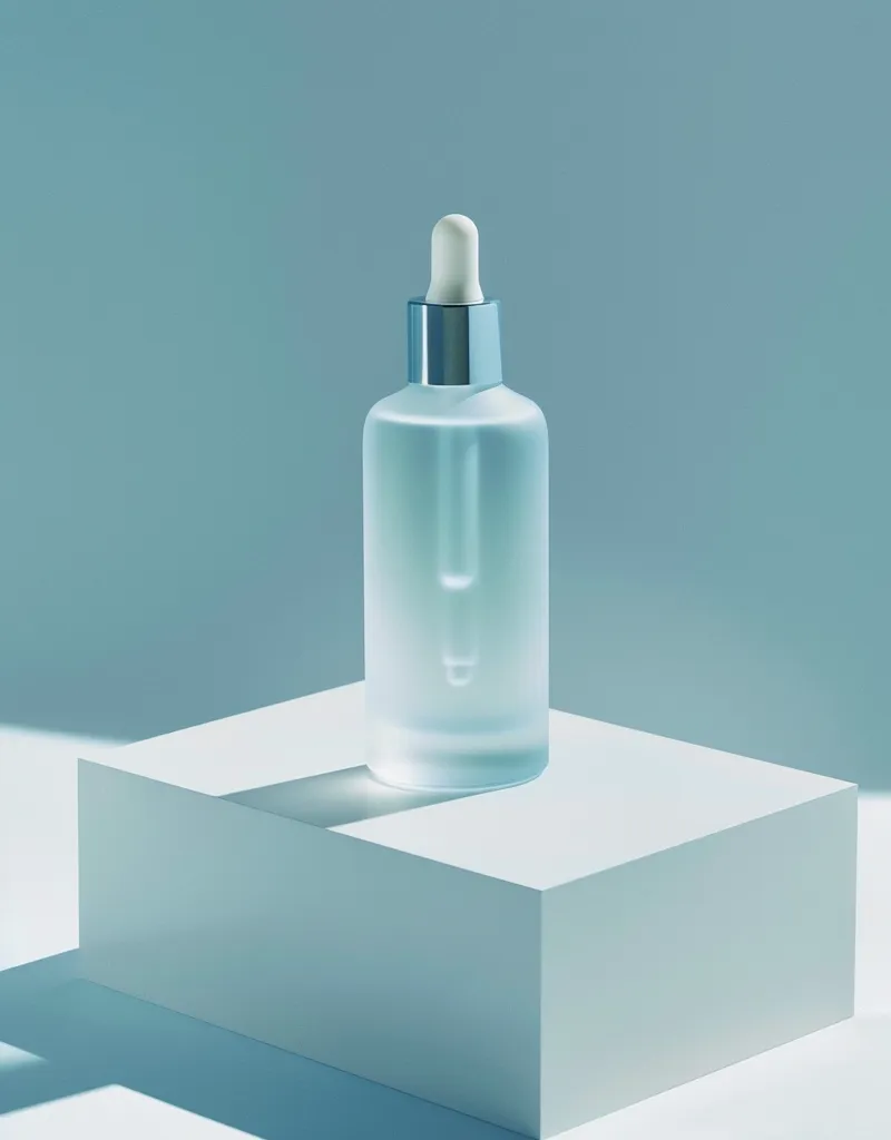 A clear glass bottle with a dropper sits on a white cube against a light blue background. The bottle is filled with a clear liquid, and the dropper is in the up position. The bottle casts a shadow on the cube, which is positioned in the center of the image. The background is a solid light blue color.  The image is minimalist and clean, and it focuses on the product.