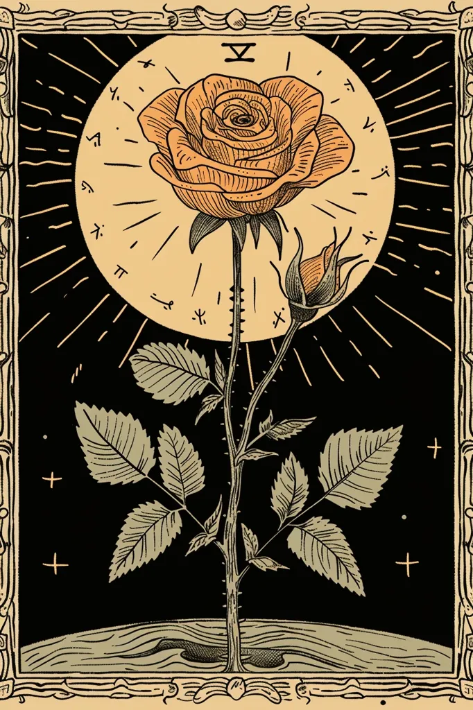 The image depicts a single rose with a bud, drawn in a vintage style, against a black background with a bright yellow moon and intricate detailing. The rose is surrounded by leaves and the stem has thorns. The image is framed with a decorative border in a tan and black color scheme. The overall aesthetic is dark and romantic, with a touch of mystery.