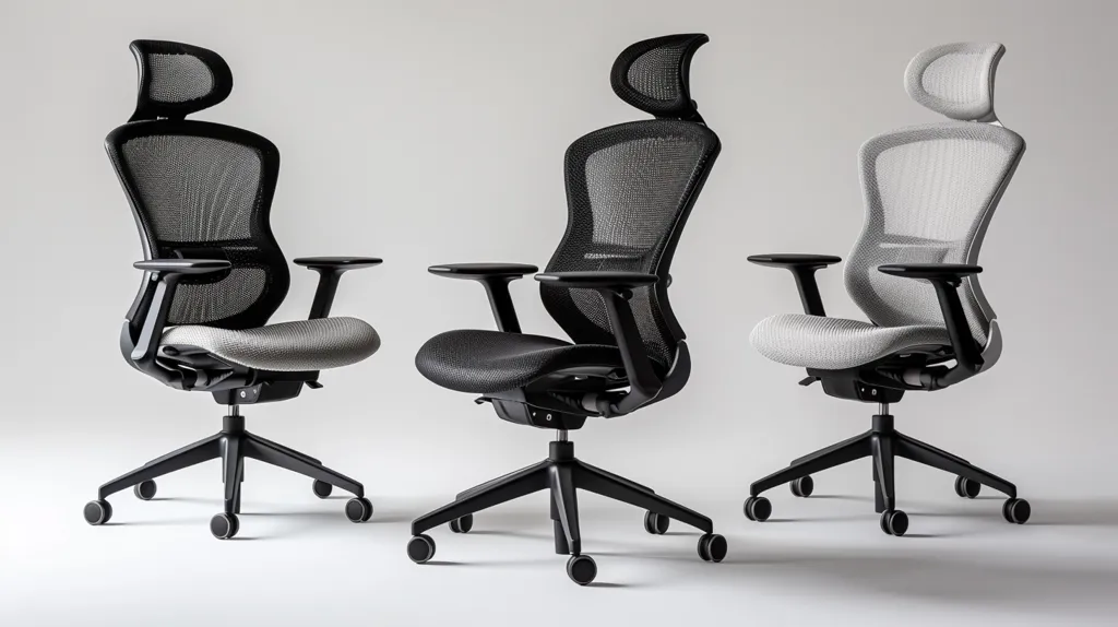 Three modern office chairs with mesh backs and headrests are arranged in a row against a white backdrop. The chairs have black frames, five-star bases, and caster wheels. The chairs are in different shades of gray, creating a subtle color contrast. They appear comfortable and stylish, with ergonomic features.
