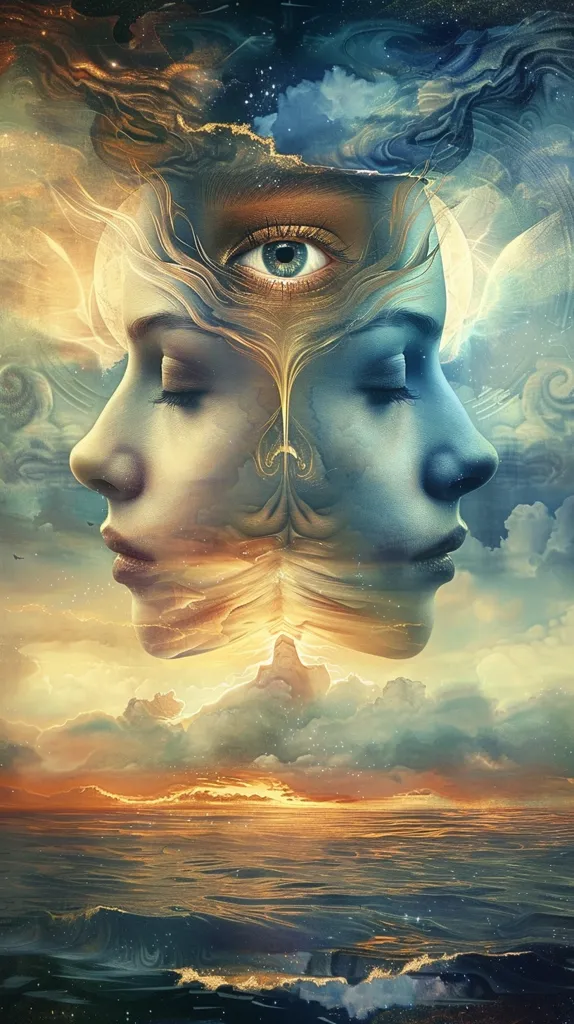 The image is a surreal depiction of a female face emerging from a swirling cloud formation. The face is split in two, with one side representing light and the other darkness. A single blue eye peeks out from the center, staring into the distance. The face is set against a backdrop of swirling clouds, a golden sunset, and a tranquil ocean. The image conveys a sense of mystery, duality, and the vastness of the universe.