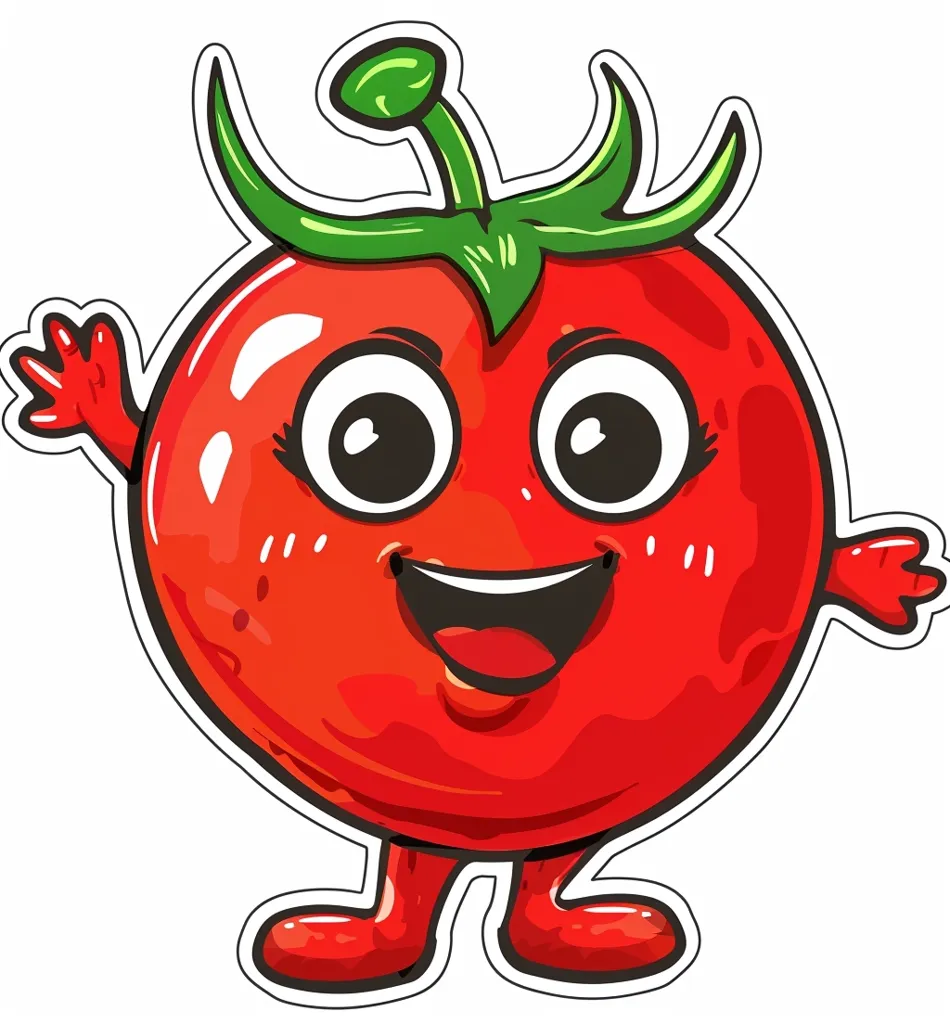 A cartoon tomato with a large, red, round body and a cheerful expression. It has small arms and legs, big, wide eyes, a wide smile, and a green stem on top. The tomato is drawn in a simple, cartoon style.