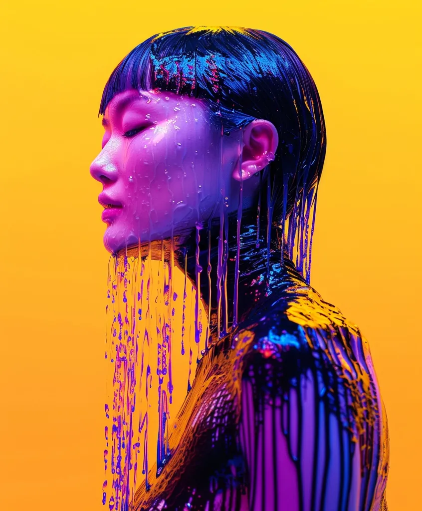 A woman with short black hair is covered in a vibrant purple and black paint that drips down her body. Her eyes are closed, and her skin is illuminated by a warm yellow light. The image is a striking contrast of colors and textures.  The dripping paint suggests a sense of fluidity and movement.  The overall feeling is one of sensuality and mystery.
