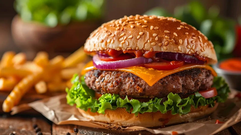 A juicy burger with a thick beef patty, melted cheese, red onion, tomato, lettuce, and ketchup sits on a bed of brown paper. A pile of golden french fries are out of focus in the background, along with a bowl of ketchup.  The scene is inviting and mouthwatering, suggesting a satisfying meal.