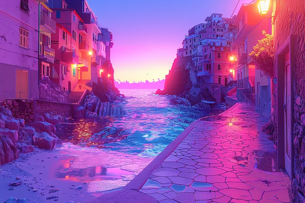 The image captures a picturesque coastal town bathed in a vibrant, almost surreal, pink and purple glow. The brightly lit buildings, perched on rocky cliffs, overlook a tranquil bay. The cobblestone pathway leading towards the water is illuminated by streetlights, casting a warm orange hue that contrasts with the dominant pink and blue tones.  The scene evokes a sense of peaceful serenity, with the soft light and gentle ripples of the water creating a dreamlike atmosphere.