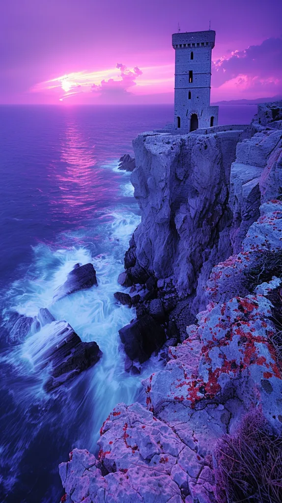 A lone tower stands on a cliff overlooking the ocean, the sky above a vibrant purple with the setting sun casting a pink glow on the water. The waves crash against the rocky shore, creating a dramatic scene of nature's beauty and power. The image captures a sense of isolation and wonder, as the tower seems to stand guard over the vastness of the sea.