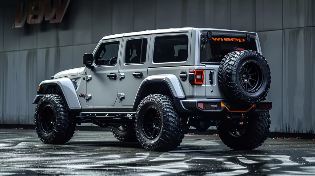 A silver Jeep Wrangler is parked against a gray wall. It has black wheels and tires, with a spare tire mounted on the back. The Jeep has a black bumper with orange accents and a "Jeep" logo on the side. The rear window has a sticker that says "WIEEP". The Jeep is sitting on a wet pavement.  The background is a gray wall with a faded sign.