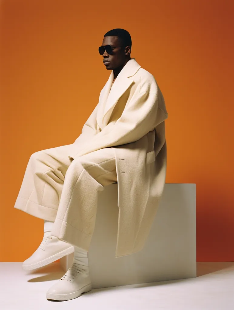 A man wearing a white coat and white pants sits on a white block against an orange backdrop. He wears white sneakers and black sunglasses, and his gaze is off to the side. The photo has a minimalist feel with a focus on the model's clothing and silhouette. The lighting is soft and even, highlighting the textures of the clothing. The composition is balanced, with the model's figure placed off-center.