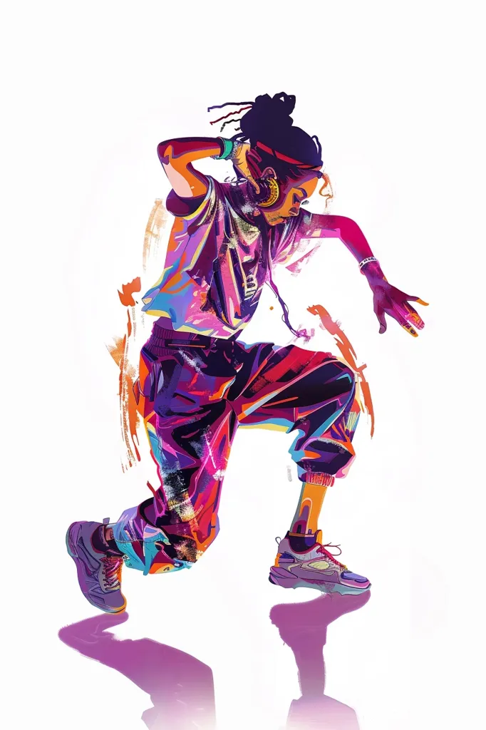 A young woman with long black dreadlocks dances with her body in mid-air, showcasing her athleticism and grace. She is wearing colorful clothing, including a pink shirt, red and purple pants, and bright blue and purple sneakers.  The image is rendered in a vibrant, abstract style, capturing the energy and movement of the dance.  The white background emphasizes the dancer's form and adds a sense of dynamism to the image.