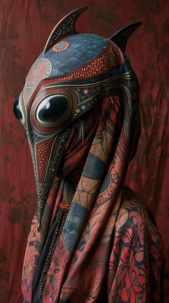A person is wearing a intricately designed mask that resembles a bird's head. The mask is made of leather and painted with intricate patterns. The person is also wearing a long, flowing robe with floral patterns. The background is a red fabric. The image has a mysterious and intriguing feel. The mask and the robe create a sense of mystery and wonder.