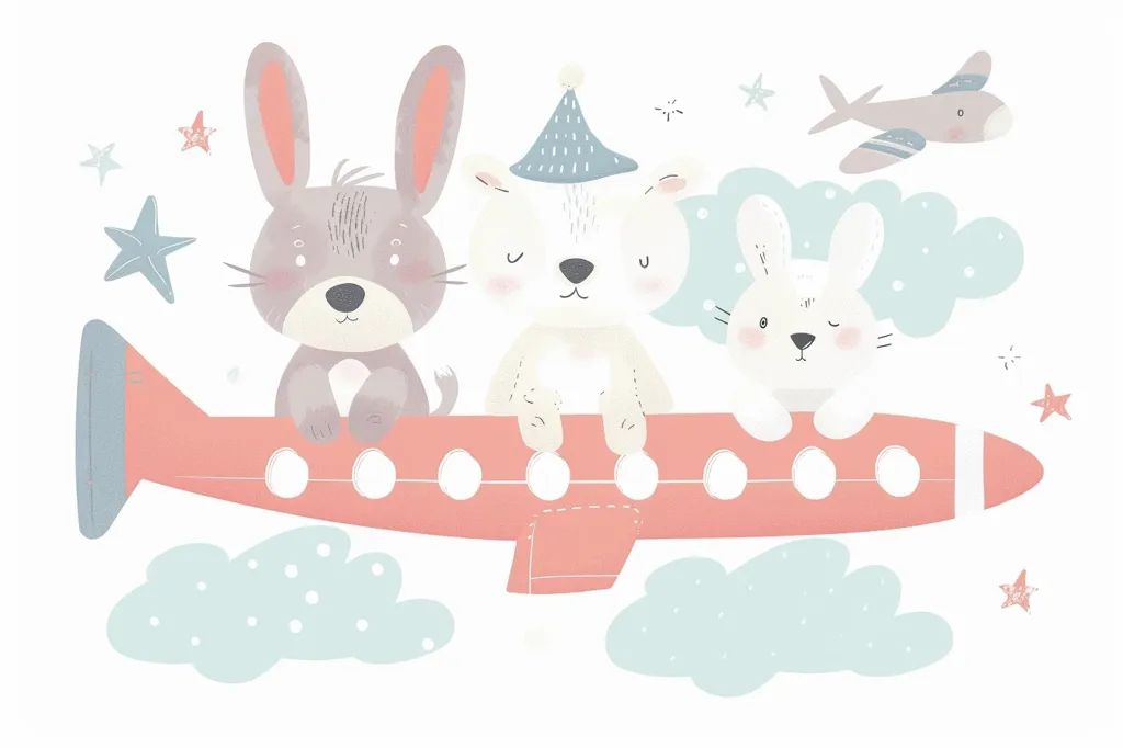 Three adorable cartoon animals, a grey rabbit, a white bunny, and a white bear, are riding in a pink airplane. They are flying through the clouds with stars scattered around them. A small blue airplane is flying above them. This cute image captures a whimsical and joyful scene of animals embarking on a fun-filled journey.