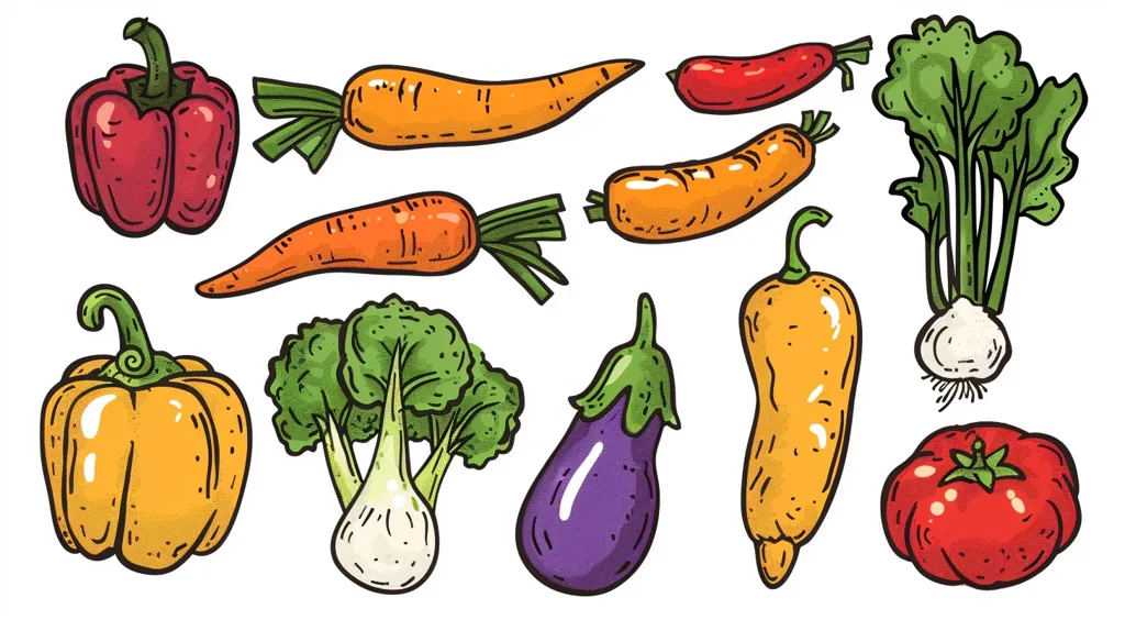The image contains a variety of vegetables, including carrots, peppers, an eggplant, a tomato, a turnip, and broccoli.  They are drawn in a cartoon style, with vibrant colors and outlined shapes. The vegetables are arranged across the image, with no overlapping.